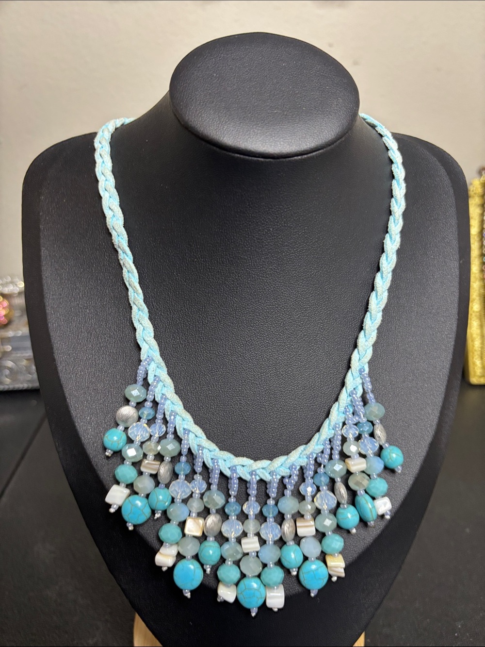 Turquoise Blue Beaded Fringe Suede Leather Necklace - Women Jewelry